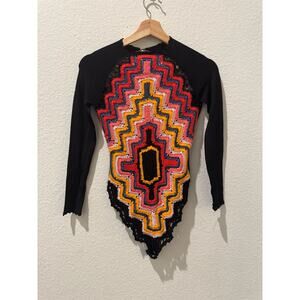 Adam Selman Multicolor Crochet Open Long Sleeve Bodysuit Leotard Festival Dance